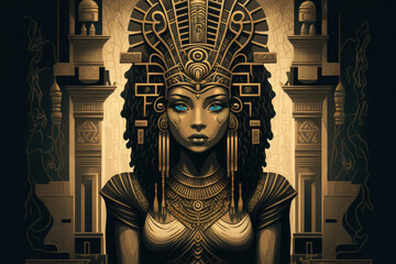 Illustration of a future golden female Egyptian pharaoh wrapped in hieroglyphic symbols inside a gold temple, titled The Sacred Queen. Generative AI