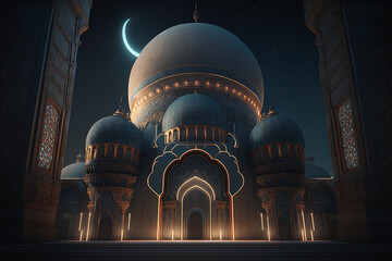 Fototapeta premium The mosque lit up with intricate patterns of lights, casting a warm glow over the surrounding area. Generative AI