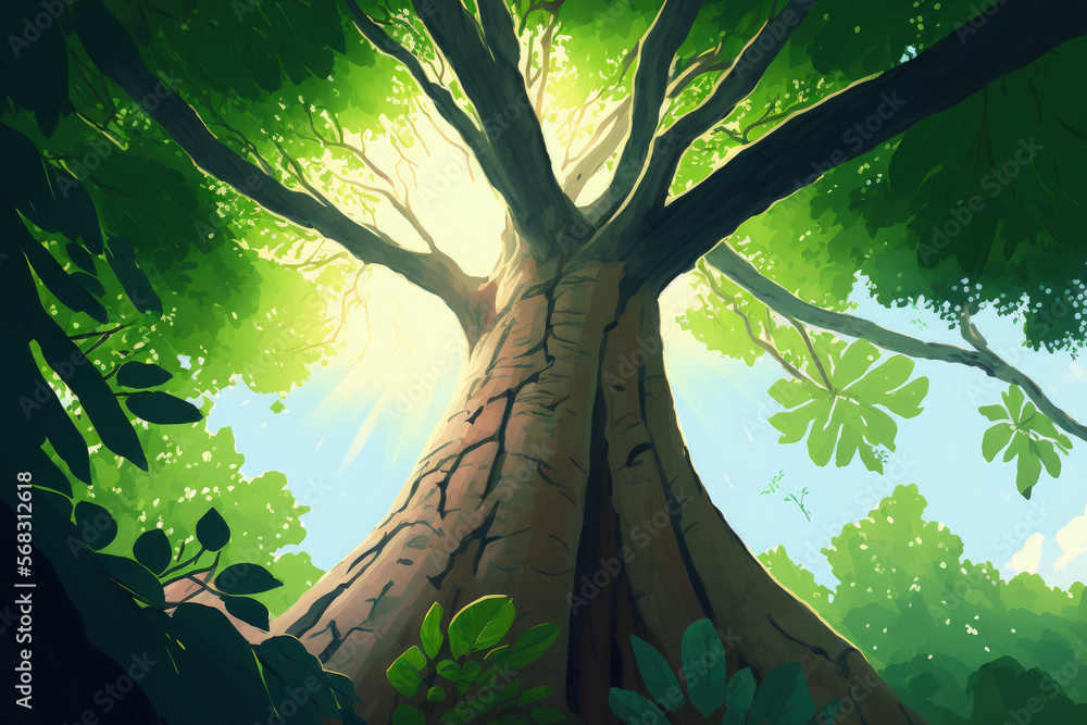 Aufkleber view from the bottom of a large tree's trunk to its green leaves in a tropical forest with sunlight.