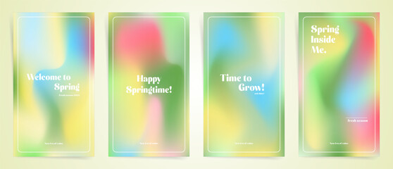 Fototapeta premium Set of spring stories backgrounds. Mesh gradient hippy art design. Post templates, cards, poster covers, social media stories with floral spring gradients. Wave green gradient layout template set.