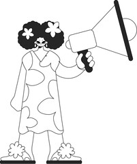 An experienced HR specialist woman holds a megaphone in her hands. HR topic. Newspaper black and white style.