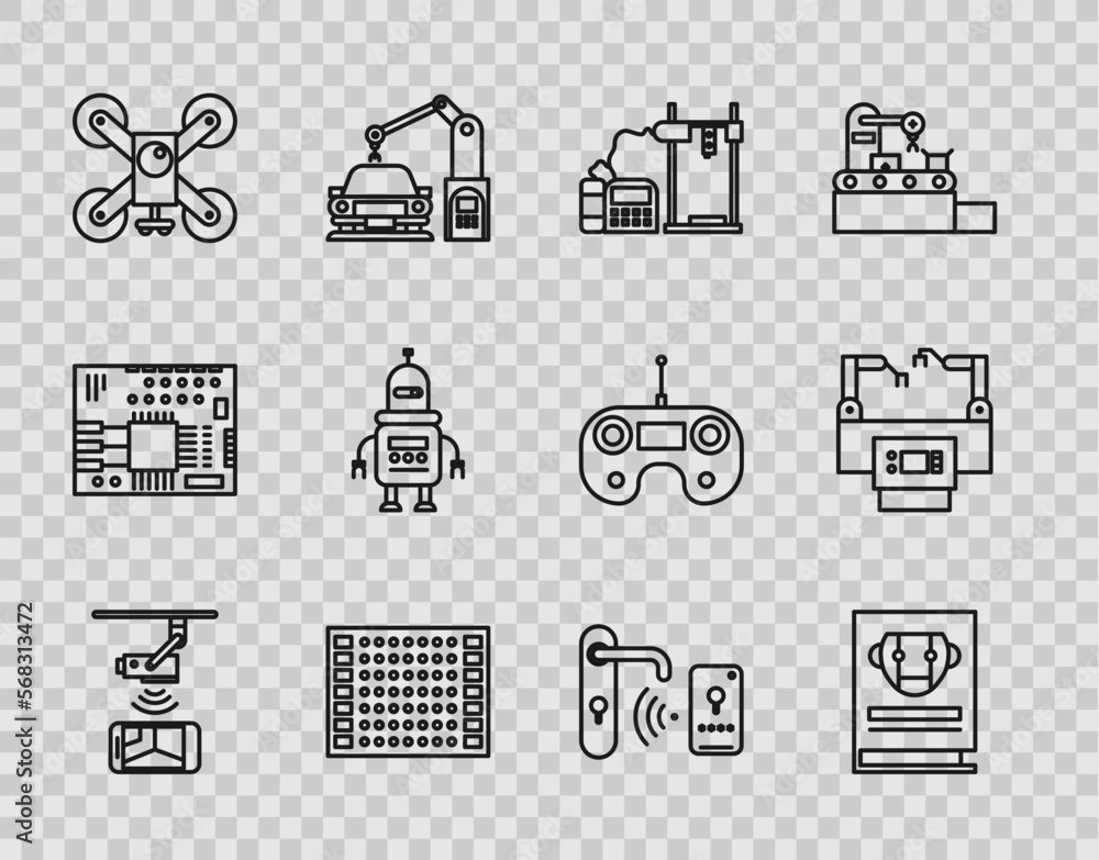Aufkleber set line wireless controlling cctv security camera, printed circuit board pcb, drone flying with act