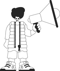 Proficient HR specialist man holding a megaphone in his hands. HR topic. Linear newspaper black and white style.