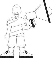 An experienced HR specialist man holds a megaphone in his hands. HR topic. Linear black and white style.