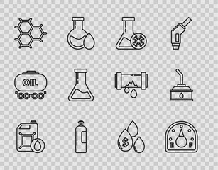 Set line Canister for motor machine oil, Antifreeze test tube, Industrial cylinder tank, Chemical formula consisting of benzene rings, Test and flask, Oil drop with dollar symbol and icon. Vector