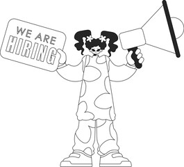 Skilled HR specialist woman holding a megaphone in her hands. HR topic. Linear black and white style.