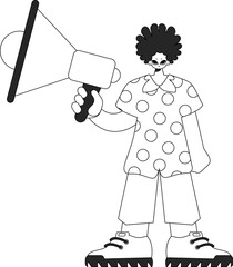 An experienced HR specialist man holds a megaphone in his hands. HR topic. Newspaper black and white style.