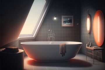 Naklejka na ściany i meble Bathroom with a bathtub with a nice view and stylish furnishings in a minimalist style, interior