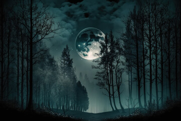 Fototapeta na wymiar gloomy forest Dark and gloomy picture with trees, a full moon, and moonlight. vapor and shadow. Cold, gloomy, and abstract street background. at night. Generative AI