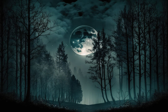 gloomy forest Dark and gloomy picture with trees, a full moon, and moonlight. vapor and shadow. Cold, gloomy, and abstract street background. at night. Generative AI