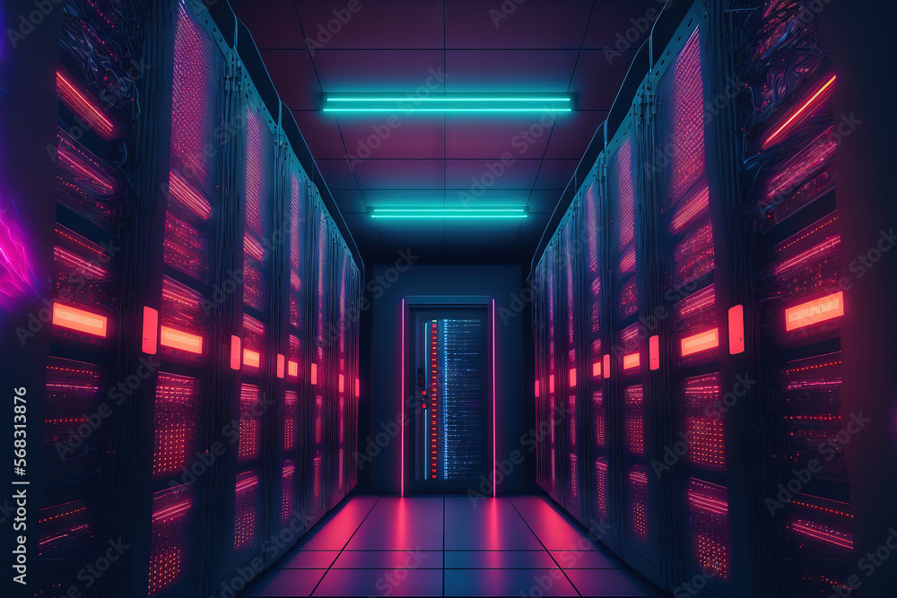 Poster picture of a data center with many rows of active server racks. concept of supercomputer technology,