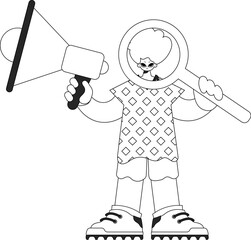 A trained HR specialist man holds a megaphone and a magnifying glass in his hands. HR topic. Linear black and white style.