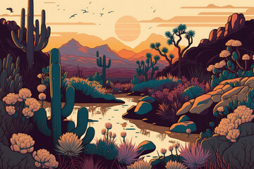 Cacti and flowers are growing around a stream of water in a desert oasis. Illustration in digital form of a desert scene at dusk. Wild West style scenery in a drawing. Generative AI