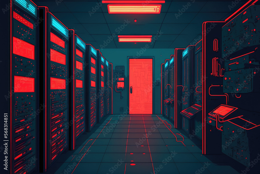 Poster center for data processing. red light in the server room. generative ai