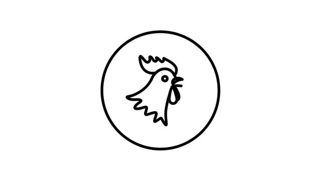 Rooster head black and white line icon vector illustration in a circle, for web use for farm, alarm, morning, video animation, self drawing.