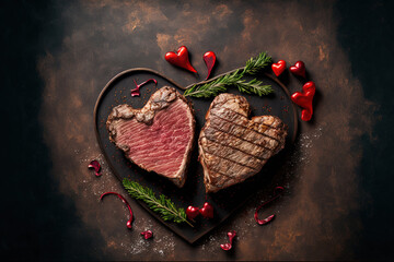 On a stone background, two heart shaped meat steaks are being grilled with seasonings, along with a red ribboned gift and a bottle of wine or champagne with two glasses for supper. Generative AI