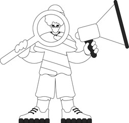 Adept human resources specialist man holds a megaphone and a magnifying glass in his hands. HR topic. Linear black and white style.