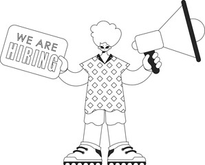 A trained HR specialist man holds a megaphone in his hands. HR topic. Newspaper black and white style.