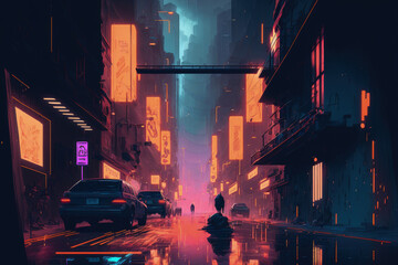 Street in a futuristic metropolis. Cyberpunk inspired illustration that pays close attention to detail. gloomy urban setting. Generative AI