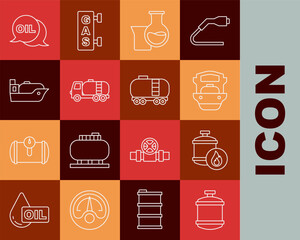Set line Propane gas tank, Oil tanker ship, petrol test tube, Tanker truck, Word oil and railway cistern icon. Vector