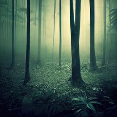 Naklejka premium tropical forest with fog lights and gloom in the jungle generative ai illustration