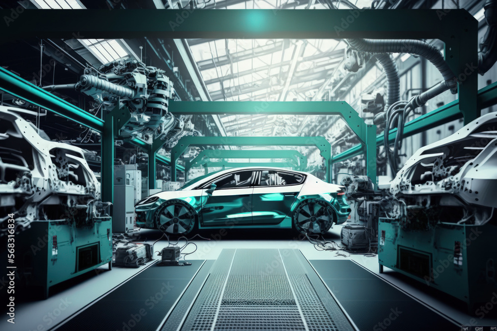 Poster automated robot arm assembly line producing high tech green energy electric vehicles in a car factor