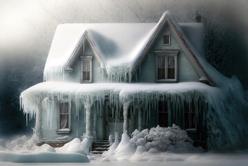 Snowy house, icicles on the roof. Bad weather in winter. Generative AI