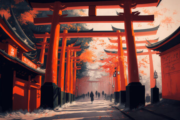 Red Torii gates in Fushimi Inari shrine in Kyoto, Japan, illustration painting. (ai generated) - obrazy, fototapety, plakaty