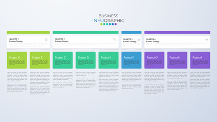Infographic business year plan tenmplate and breakdown details 4 quarter can be use for a presentation about business plan.