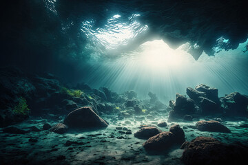 Fototapeta na wymiar Terrain of Rugged Landscape Dark Scene Under the Water. Ocean or lake water. Background in art. bright sunrays. Generative AI