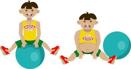 Sports boy is training on a gymnastic ball. Fat man sitting on the floor next to the gym ball