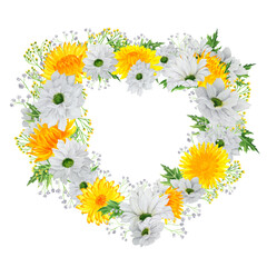 Fototapeta na wymiar Hand-drawn heart-shaped watercolor wreath with white and yellow chrysanthemum with colored gypsophila
