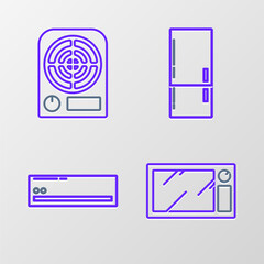 Fototapeta na wymiar Set line Microwave oven, Air conditioner, Refrigerator and Electric heater icon. Vector
