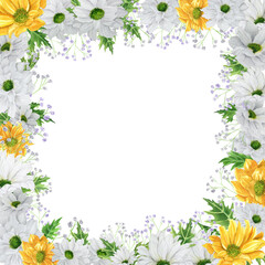 Hand-drawn watercolor square frame with white and yellow chrysanthemum with gypsophila