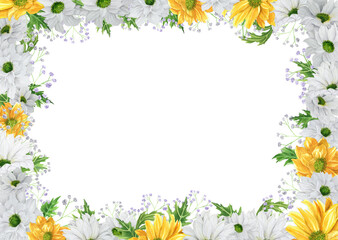 Hand-drawn watercolor rectangular frame with white and yellow chrysanthemum with gypsophila