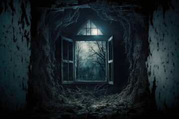 Halloween wallpaper with an abstract scary theme. An abandoned house in the woods has a gloomy, terrifying window with ghostly light and shadows in a pitch black chamber in the attic, hallway, or base