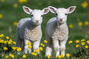 adorable white baby lambs in a springtime meadow, generative ai