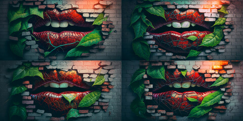 lips with red lipstick painted on the wall set of pictures