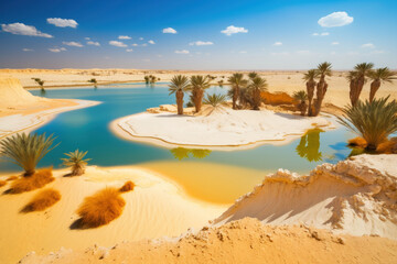 Desert lake with natural salt water. Egyptian oasis at Siwa. Egypt tourist destination. Generative AI - obrazy, fototapety, plakaty