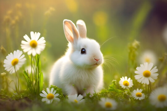 adorable white easter bunny baby in springtime meadow, generative ai
