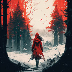 Fototapeta premium girl in a red cloak on a background of red trees illustration black white red color