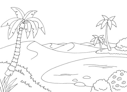 Oasis coloring desert graphic black white landscape illustration vector 