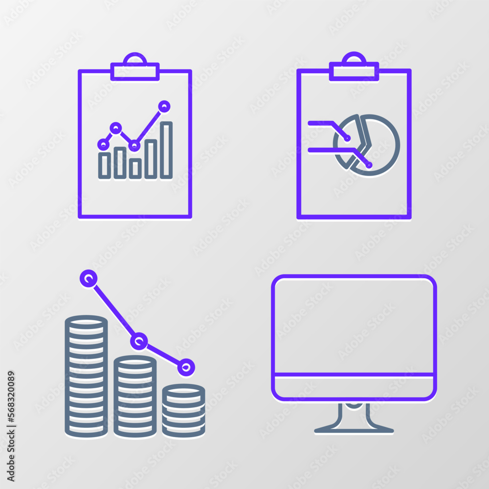 Poster set line computer monitor screen, pie chart infographic and coin, clipboard with and icon. vector