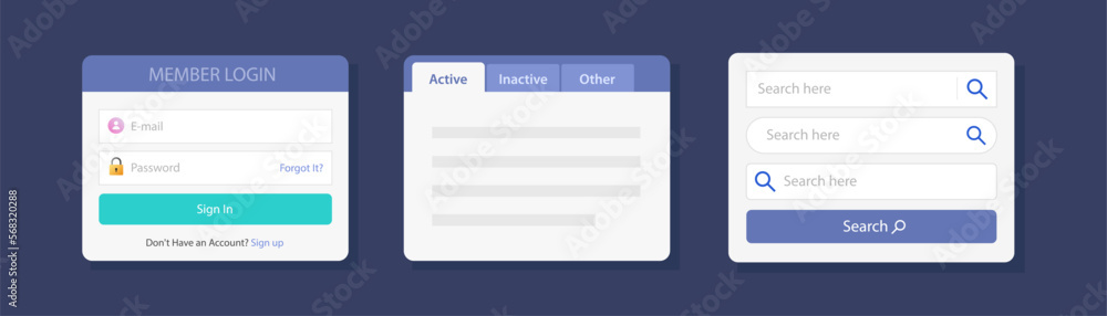 Aufkleber login, search box bar menu vector, tabs navigation ui ux web site layout template design elements fo