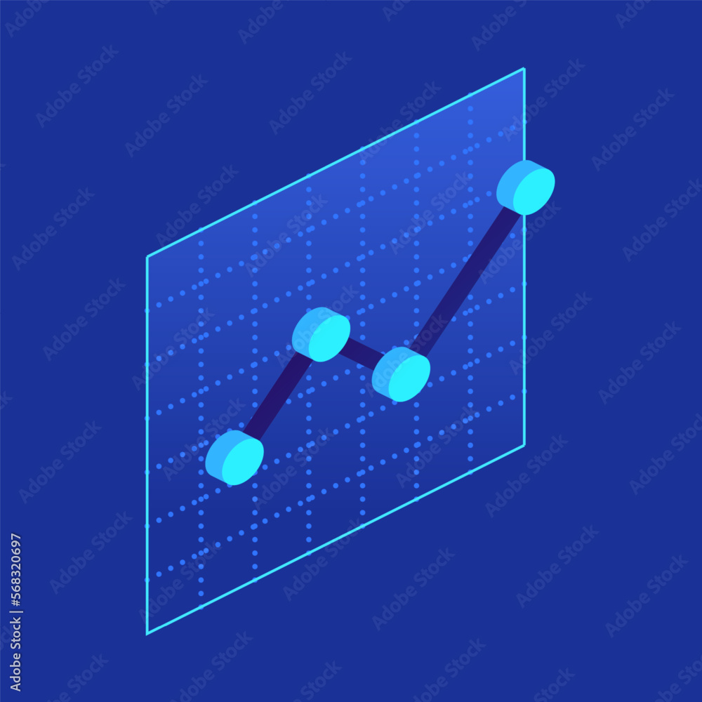 Poster blue line graph with points icon in isometric view. analysis growth progress. business charts, data 