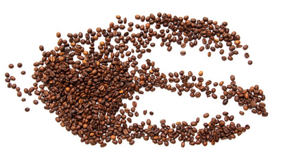 Roasted coffee beans isolated on white background.