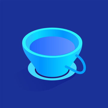 Blue cup of black coffee icon in isometric view. Morning drink at breakfast, coffee break in office concept. Cafe or restaurant menu design element. Vector illustration isolated on white background