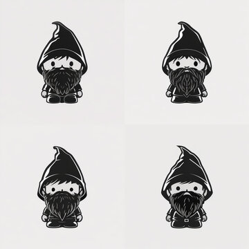 gnome avatar small with beard black and white illustration isolated on white background