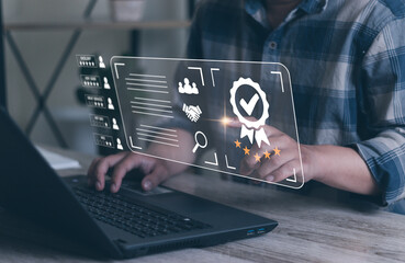 User give rating to service experience on online application , Businessman review satisfaction feedback, Customer evaluate quality of service leading to reputation ranking of Warranty serve customers