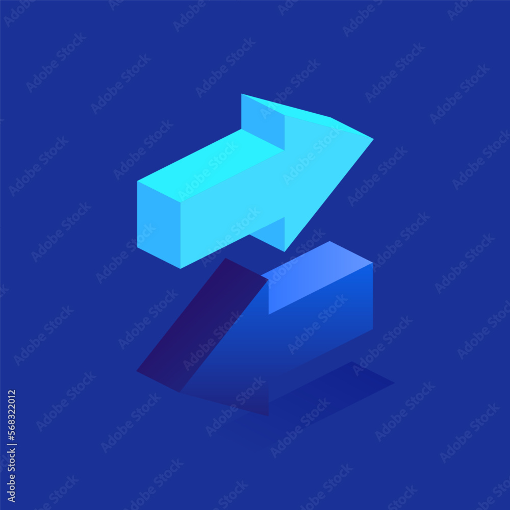 Poster blue arrows pointing forward and backward or left and right icon in isometric view. direction of mov